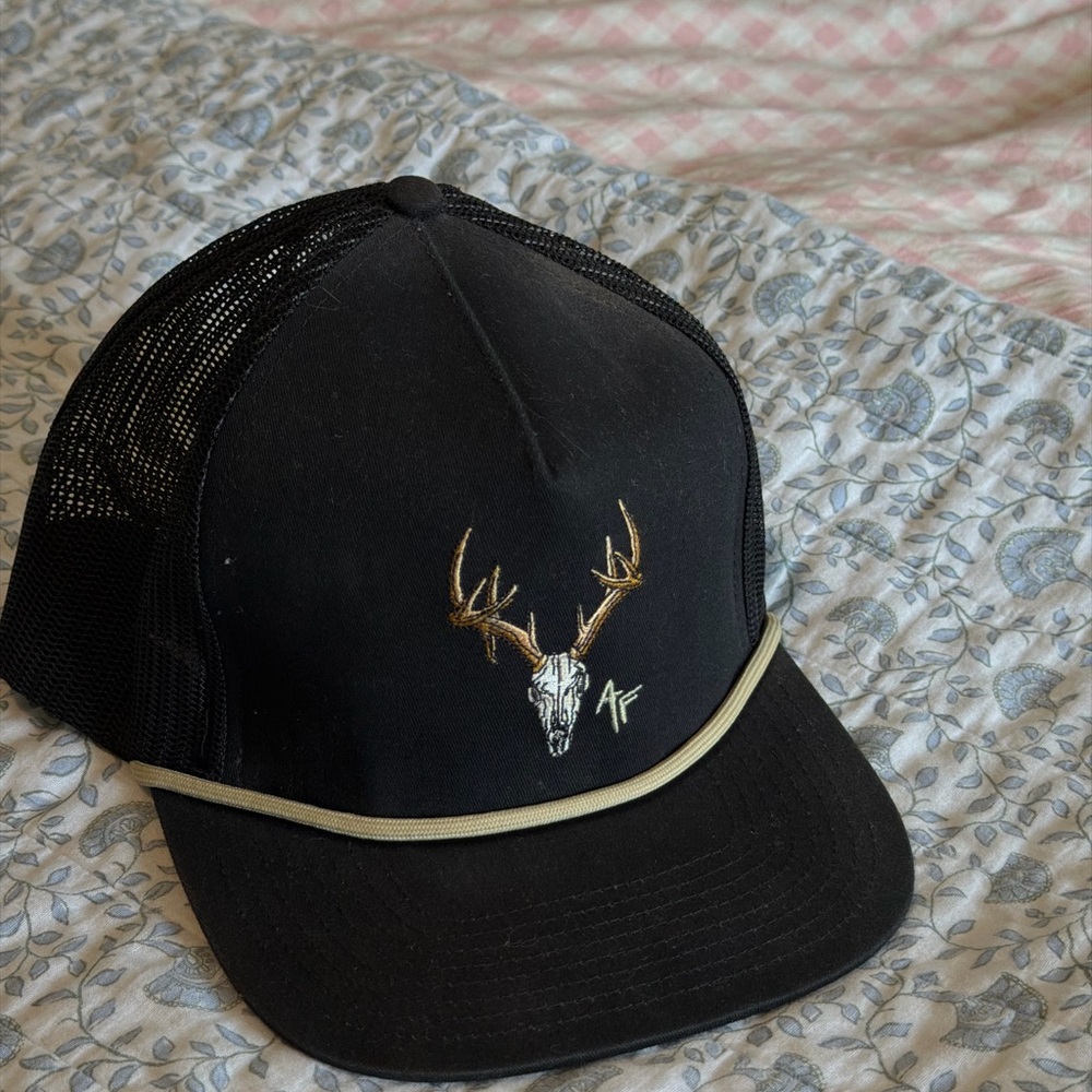 Black Trucker Hat with Antler Skull Embroidery